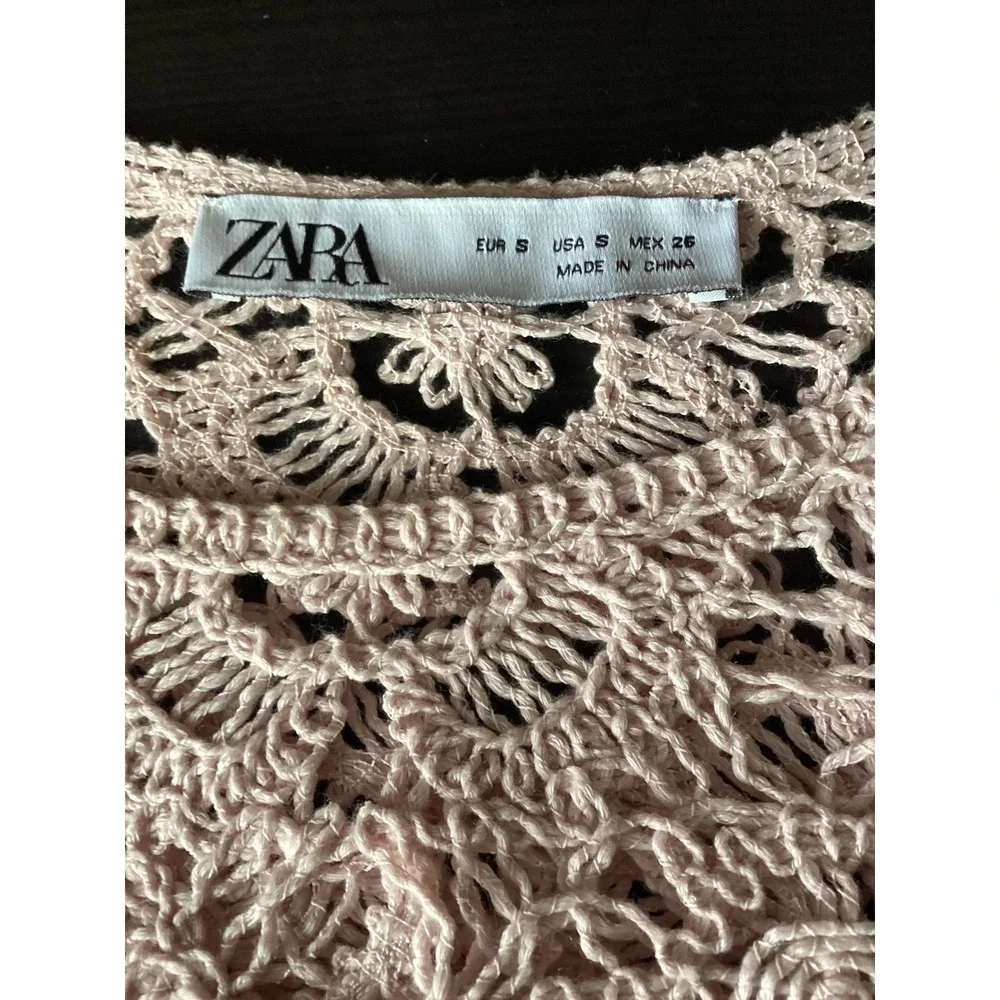 Zara Womens Coquette Floral‎ Crochet Lace Long Sleeve Crop Top S Pink Milkmaid